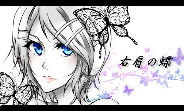 Anime picture 1036x626 with vocaloid migikata no chou (vocaloid) kagamine rin itta niyokuiru short hair blue eyes wide image looking back monochrome girl hair ornament headphones insect butterfly