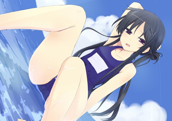 Anime picture 1011x716 with original tachibana (pixiv) long hair blush open mouth light erotic black hair purple eyes sky cloud (clouds) girl swimsuit water one-piece swimsuit school swimsuit