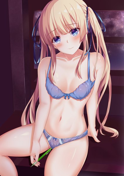 Anime picture 2894x4093 with saenai heroine no sodatekata a-1 pictures sawamura spencer eriri yagiryu single long hair tall image looking at viewer blush fringe highres breasts blue eyes light erotic blonde hair sitting twintails bare shoulders holding payot