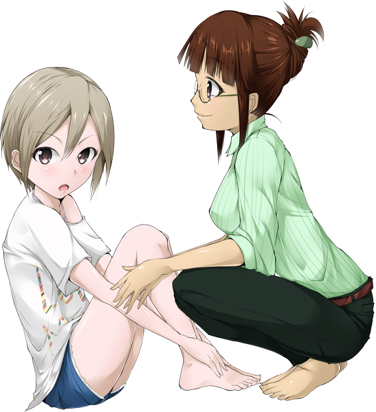 Anime picture 1731x1897 with solru (tyappygain) tall image looking at viewer highres short hair open mouth blonde hair brown hair multiple girls brown eyes barefoot legs transparent background girl 2 girls glasses shorts
