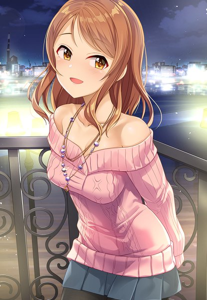 Anime picture 900x1300 with idolmaster idolmaster cinderella girls houjou karen kazu single long hair tall image looking at viewer blush fringe breasts open mouth smile brown hair standing bare shoulders yellow eyes cloud (clouds) outdoors head tilt