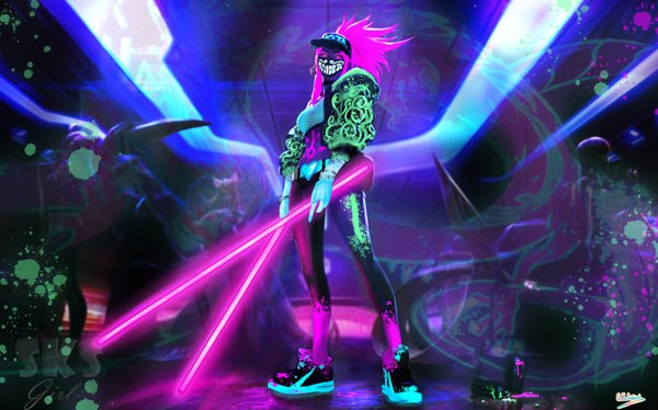 Anime picture 1920x1199 with league of legends k/da (league of legends) akali (league of legends) k/da akali chenbo alvin lee chengwei pan sksgirl single long hair looking at viewer highres wide image standing holding signed yellow eyes payot pink hair full body