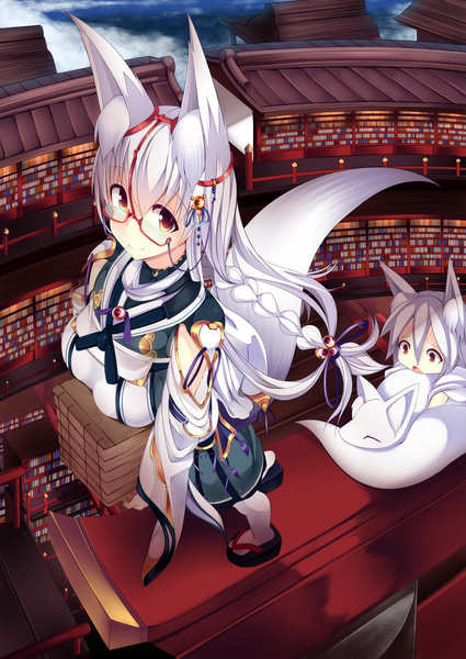 Anime picture 1254x1771 with original sukage long hair tall image looking at viewer fringe open mouth smile hair between eyes multiple girls holding brown eyes animal ears cloud (clouds) white hair indoors tail braid (braids) traditional clothes animal tail