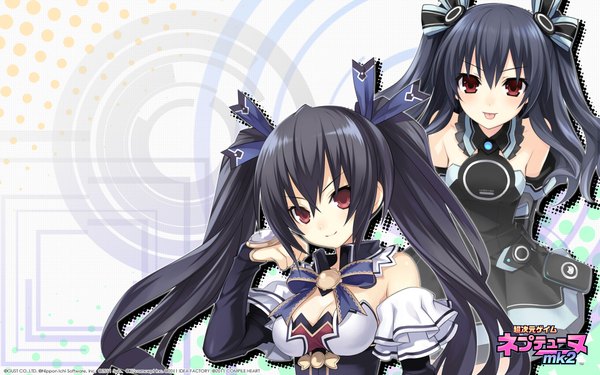 イラスト 1920x1200 と 超次元ゲイムネプテューヌ hyperdimension neptunia mk2 ノワール ブラックハート ユニ (超次元ゲイムネプテューヌ) つなこ ranoha 長髪 カメラ目線 highres 赤い目 wide image ツインテール 肩出し multiple girls light smile 仕事絵 :p 女の子 ドレス