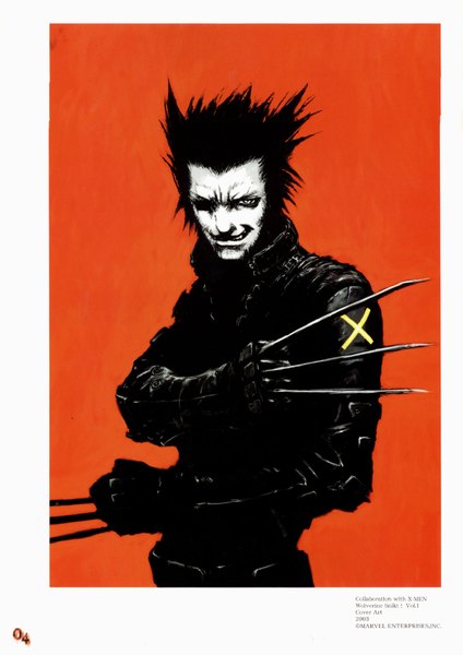 Anime picture 1200x1697 with x-men wolverine wolverine (character) nihei tsutomu single tall image short hair black hair simple background scan red background orange background boy weapon jacket