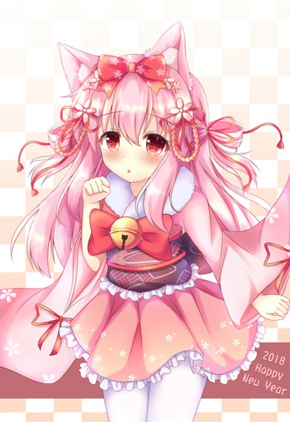 Anime picture 609x885 with azur lane kisaragi (azur lane) kisaragi (new year's wish) (azur lane) kedama (kedama akaza) single long hair tall image looking at viewer blush fringe open mouth hair between eyes standing animal ears payot pink hair traditional clothes japanese clothes pink eyes cat ears
