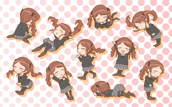 Anime picture 1680x1050 with amagami nakata sae blush short hair open mouth simple background smile brown hair wide image twintails eyes closed back chibi polka dot sad polka dot background multiple persona girl uniform school uniform