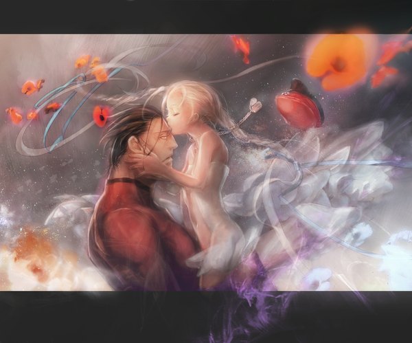 Anime picture 1150x957 with street fighter cammy white vega hideaki long hair blonde hair bare shoulders braid (braids) eyes closed profile muscle kiss forehead kiss boy navel ribbon (ribbons) hat petals child (children)
