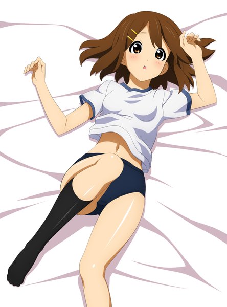 Anime picture 5906x7964 with k-on! kyoto animation hirasawa yui wave ride single tall image highres short hair light erotic simple background brown hair brown eyes absurdres lying midriff girl uniform hair ornament black socks bobby pin