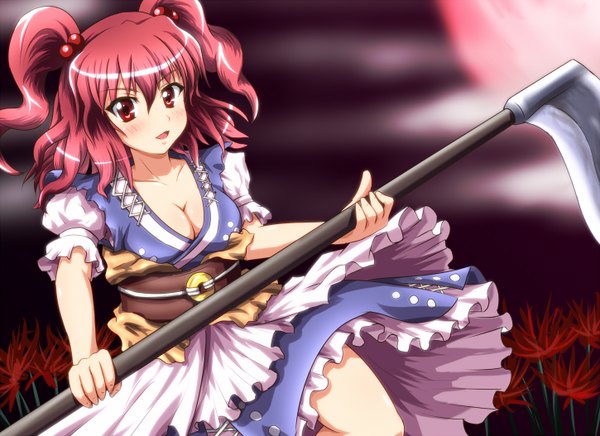 Anime picture 1450x1054 with touhou onozuka komachi diesel-turbo long hair blush light erotic red eyes twintails cleavage red hair girl dress flower (flowers) scythe higanbana