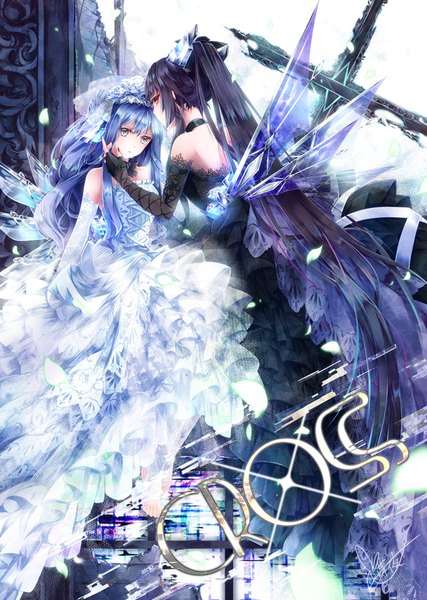 Anime picture 612x859 with original tyouya tall image blue eyes black hair red eyes multiple girls blue hair very long hair girl dress gloves 2 girls wings black gloves elbow gloves white gloves