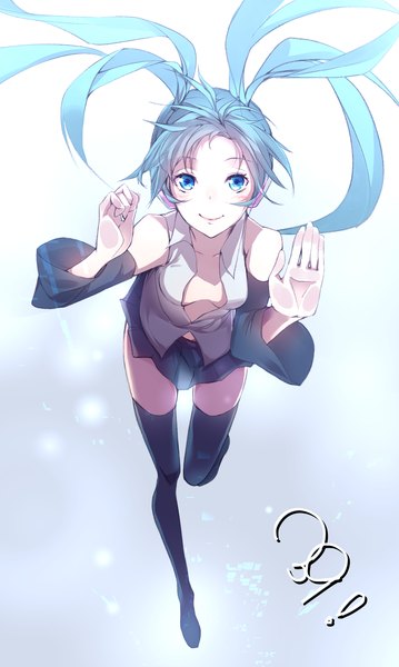 Anime picture 1243x2077 with vocaloid hatsune miku takka (aegis9294) single long hair tall image looking at viewer blush breasts blue eyes light erotic simple background smile twintails blue hair girl thighhighs skirt black thighhighs detached sleeves