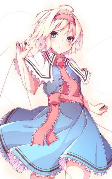 Anime picture 1000x1600 with touhou alice margatroid nankotsu single tall image looking at viewer blush short hair blue eyes blonde hair ahoge girl hairband thread