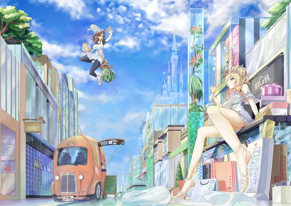 Anime picture 1754x1240 with original kurokawa otogi highres blue eyes blonde hair brown hair multiple girls cloud (clouds) legs city flying witch street girl 2 girls food witch hat ground vehicle berry (berries) broom