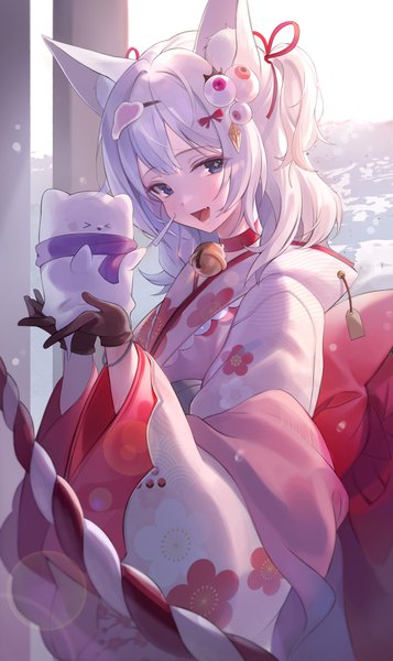 Anime picture 3623x6095 with original harusame (user wawj5773) single long hair tall image looking at viewer fringe highres open mouth blue eyes holding animal ears absurdres silver hair traditional clothes :d japanese clothes two side up new year bell collar