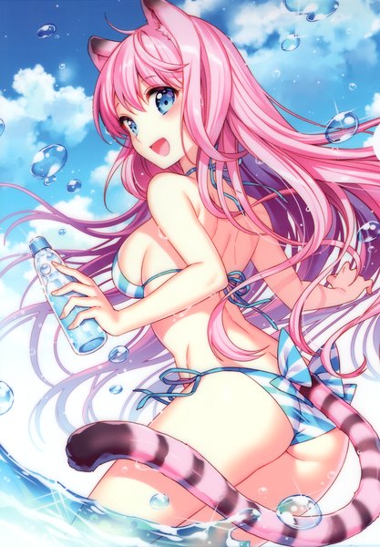 Anime picture 2438x3509 with original nardack single long hair tall image looking at viewer blush fringe highres breasts open mouth blue eyes light erotic smile hair between eyes standing bare shoulders holding animal ears pink hair