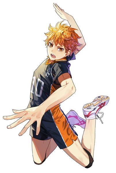 Anime picture 1000x1488 with haikyuu!! production i.g hinata shouyou kim eb single tall image looking at viewer short hair open mouth simple background white background arm up orange hair orange eyes spread arms jumping messy hair volleyball boy uniform