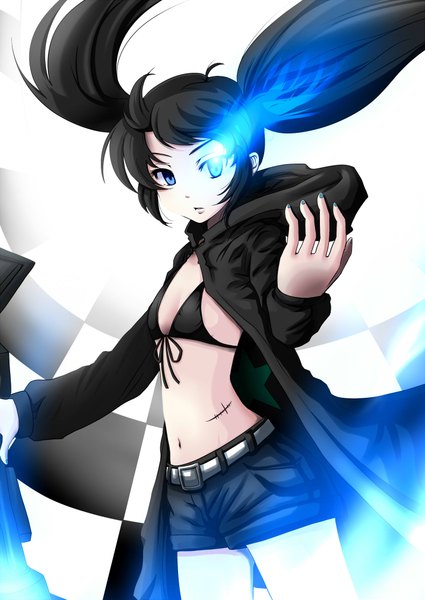 Anime picture 1432x2023 with black rock shooter black rock shooter (character) single long hair tall image blue eyes black hair twintails glowing scar glowing eye (eyes) girl navel weapon shorts coat bikini top