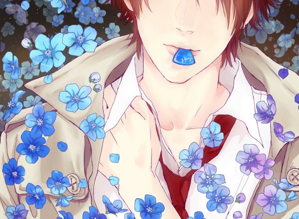 Anime picture 1000x733 with tokimeki memorial girls' side hariya kounoshin hanaen single short hair brown hair signed mouth hold open collar hand on shoulder boy flower (flowers) earrings shirt petals necktie jewelry cloak plectrum