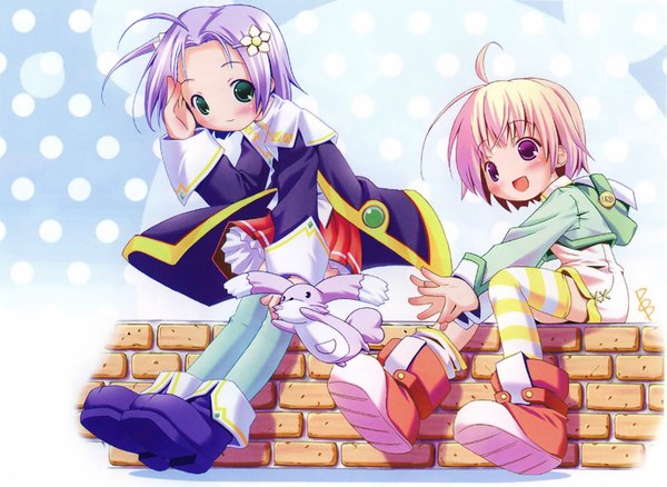 Anime picture 2127x1553 with majokko a la mode seven (majokko) milky milkcock pop looking at viewer blush fringe highres short hair open mouth sitting multiple girls green eyes looking away pink hair purple hair full body bent knee (knees) long sleeves pink eyes
