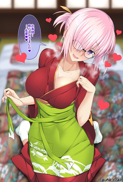 Anime picture 827x1219 with fate (series) fate/grand order mash kyrielight unadon single tall image looking at viewer blush fringe short hair breasts open mouth light erotic large breasts sitting purple eyes signed pink hair cleavage ponytail