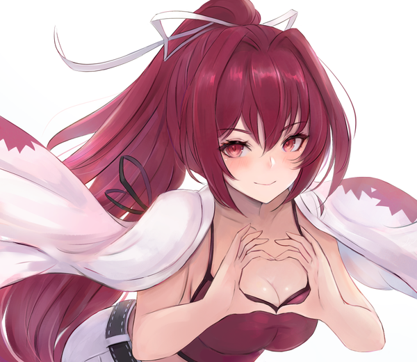 Anime picture 1200x1040 with under night in-birth yuzuriha (under night in-birth) leonmandala single long hair looking at viewer blush fringe breasts light erotic simple background smile hair between eyes red eyes large breasts white background payot cleavage purple hair ponytail