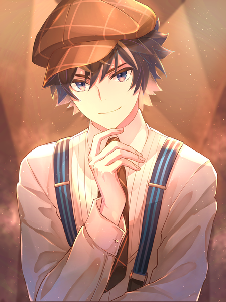 Anime picture 2400x3200 with fate (series) fate/grand order charlemagne (fate) charlemagne (disguise costume) (fate) aopix 001 single tall image fringe highres short hair black hair smile hair between eyes purple eyes upper body official alternate costume boy hat shirt white shirt