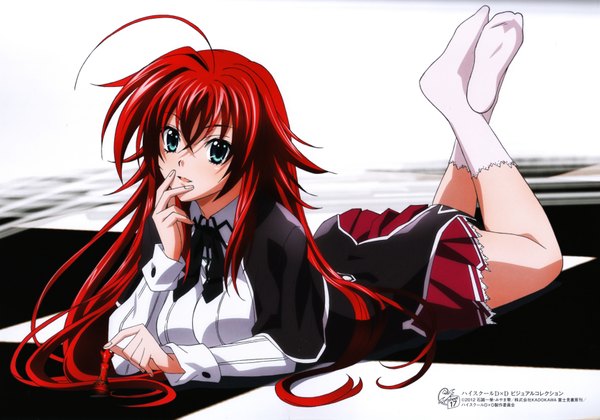 Anime picture 6893x4831 with highschool dxd rias gremory miyama zero mishima hiroji single long hair looking at viewer highres open mouth blue eyes absurdres red hair lying scan official art no shoes legs checkered floor girl uniform