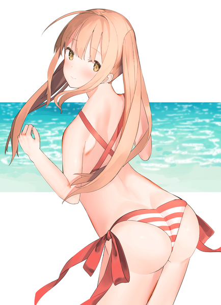 Anime picture 2186x3022 with fate (series) fate/grand order nero claudius (fate) (all) nero claudius (swimsuit caster) (fate) idemitsu single long hair tall image blush fringe highres light erotic simple background blonde hair hair between eyes standing white background twintails bare shoulders yellow eyes