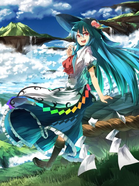 Anime picture 900x1200 with touhou hinanawi tenshi ibuki notsu single long hair tall image open mouth red eyes blue hair looking away sky cloud (clouds) mountain waterfall floating island girl hat water knee boots fruit