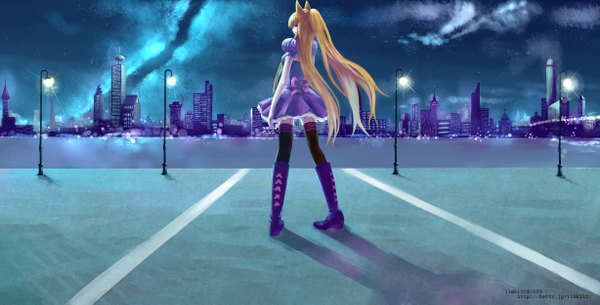 Anime picture 2456x1250 with original ilmkilt (junefeier) single long hair highres blonde hair wide image animal ears eyes closed looking back night city girl thighhighs dress black thighhighs