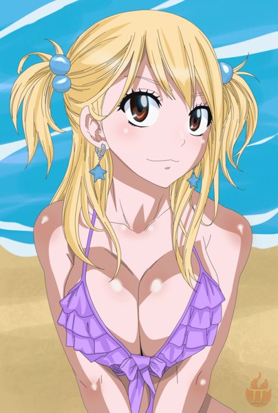 Anime picture 1400x2079 with fairy tail lucy heartfilia lworldchiefl single long hair tall image blush light erotic blonde hair smile twintails brown eyes coloring short twintails girl swimsuit earrings bikini water