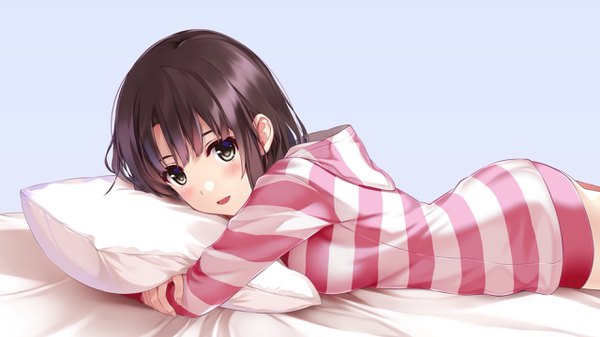 Anime picture 2560x1440 with saenai heroine no sodatekata a-1 pictures katou megumi misaki kurehito single looking at viewer blush highres short hair breasts light erotic smile brown hair wide image lying light smile striped on stomach pillow hug girl