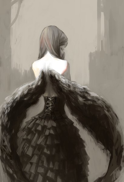 Anime picture 895x1314 with original tsubu mikan single long hair tall image brown hair standing bare shoulders from behind lacing black wings girl dress wings black dress