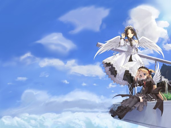 Anime picture 1280x960 with monochrome (game) yun (monochrome) hinamina (monochrome) long hair blue eyes black hair blonde hair red eyes standing sitting multiple girls sky cloud (clouds) wallpaper zettai ryouiki angel wings girl thighhighs dress skirt