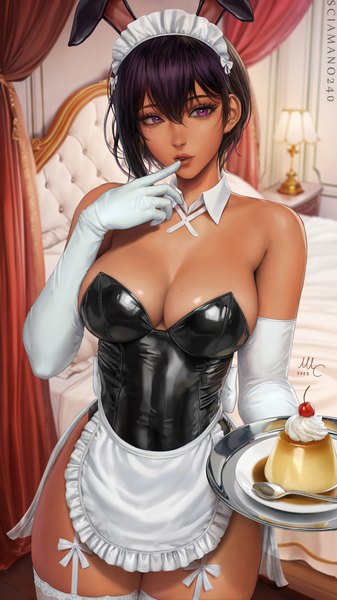 Anime picture 1687x3000 with saikin yatotta maid ga ayashii lilith (saikin yatotta maid ga ayashii) sciamano240 single tall image fringe short hair breasts light erotic black hair hair between eyes large breasts standing holding signed animal ears looking away cleavage indoors parted lips
