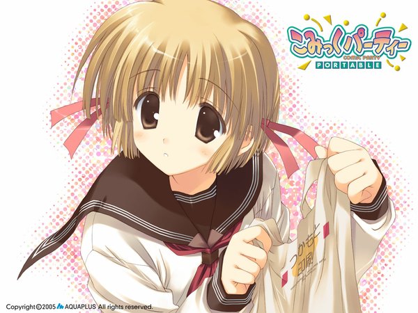 Anime picture 1024x768 with comic party tsukamoto chisa single fringe short hair blonde hair white background holding brown eyes upper body inscription girl uniform bow hair bow serafuku plastic bag