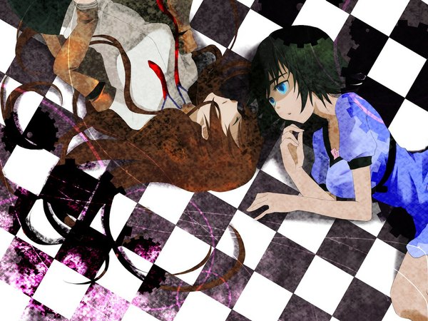 Anime picture 1024x768 with steins;gate white fox makise kurisu shiina mayuri hiiro (kikokico) long hair short hair blue eyes black hair brown hair multiple girls lying eyes closed face to face checkered floor checkered girl 2 girls shirt necktie