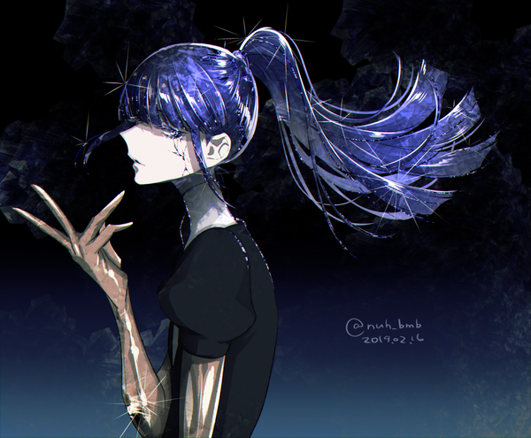 Anime picture 1000x826 with houseki no kuni phosphophyllite phosphophyllite (ll) morino bambi single long hair looking at viewer fringe simple background signed payot upper body ponytail blunt bangs profile sparkle puffy sleeves twitter username dated alternate hairstyle