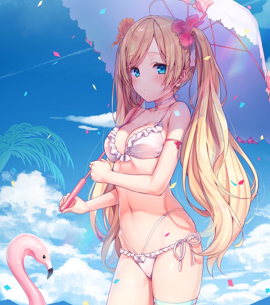 Anime picture 1240x1400 with original komeshiro kasu single long hair tall image looking at viewer blush fringe breasts blue eyes light erotic blonde hair standing twintails bare shoulders holding sky cloud (clouds) outdoors hair flower