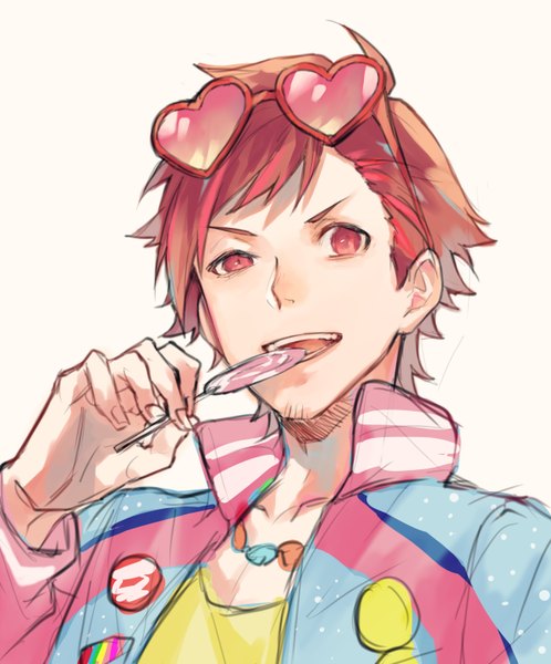 Anime picture 2392x2879 with idolmaster idolmaster side-m tendou teru yokuni (yokunill001121) single tall image looking at viewer highres short hair simple background red eyes upper body red hair open jacket sunglasses on head boy food jacket heart sweets