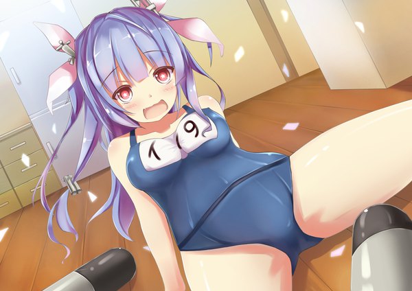Anime picture 1000x707 with kantai collection i-19 submarine suzuame yatsumi single long hair looking at viewer blush open mouth light erotic purple hair pink eyes on back fang (fangs) dutch angle spread legs embarrassed symbol-shaped pupils covered nipples ass visible through thighs reclining