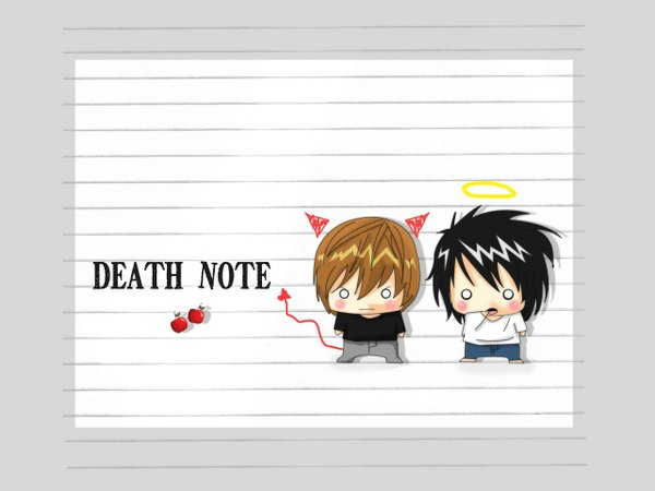 Anime picture 1280x960 with death note madhouse yagami light l (death note) blush short hair open mouth black hair brown hair tail barefoot horn (horns) inscription chibi demon tail o o boy halo apple