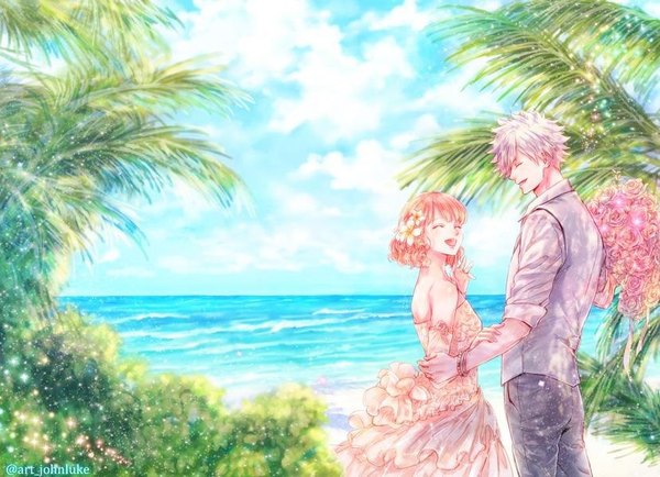 Anime picture 829x600 with uta no prince-sama a-1 pictures nanami haruka (uta no prince-sama) kurosaki ranmaru john luke short hair open mouth standing bare shoulders holding signed pink hair sky white hair eyes closed profile hair flower grey hair sunlight orange hair