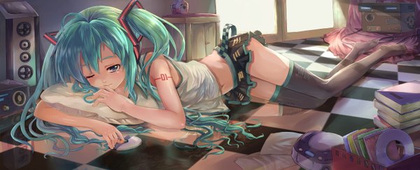 Anime picture 5452x2214 with vocaloid hatsune miku chlee single long hair highres blue eyes wide image twintails absurdres lying one eye closed wink aqua hair no shoes zettai ryouiki on side checkered floor girl thighhighs