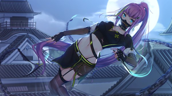 Anime picture 1920x1080 with original hentai kuwa single long hair looking at viewer blush fringe highres breasts blue eyes light erotic wide image holding payot purple hair cloud (clouds) ponytail blunt bangs night official art