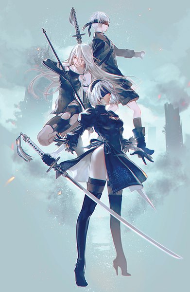 Anime picture 900x1380 with nier nier:automata yorha no. 2 type b yorha type a no. 2 yorha no. 9 type s yooani long hair tall image fringe short hair light erotic hair between eyes standing multiple girls silver hair profile mole high heels side slit mole under mouth