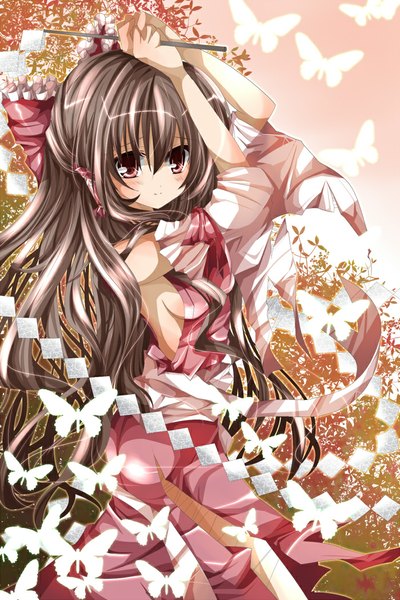 Anime picture 700x1050 with touhou hakurei reimu nanase nao single long hair tall image looking at viewer black hair red eyes girl dress bow hair bow detached sleeves insect butterfly gohei