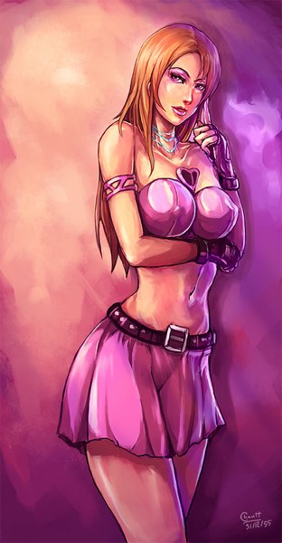 Anime picture 600x1151 with original kachima single long hair tall image looking at viewer breasts light erotic blonde hair bare shoulders pink eyes lips lipstick pink background eyeshadow makeup girl skirt gloves navel