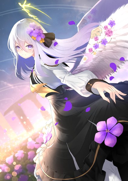 Anime picture 1447x2047 with blue archive azusa (blue archive) myria (7855) single long hair tall image looking at viewer fringe hair between eyes purple eyes sky silver hair hair flower dutch angle turning head girl flower (flowers) wings halo flower field